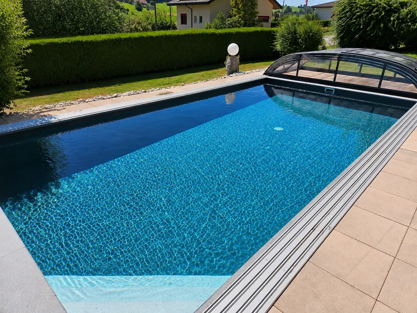 Poolanlage mit Überdachung und Garten – Pool Service Stritt