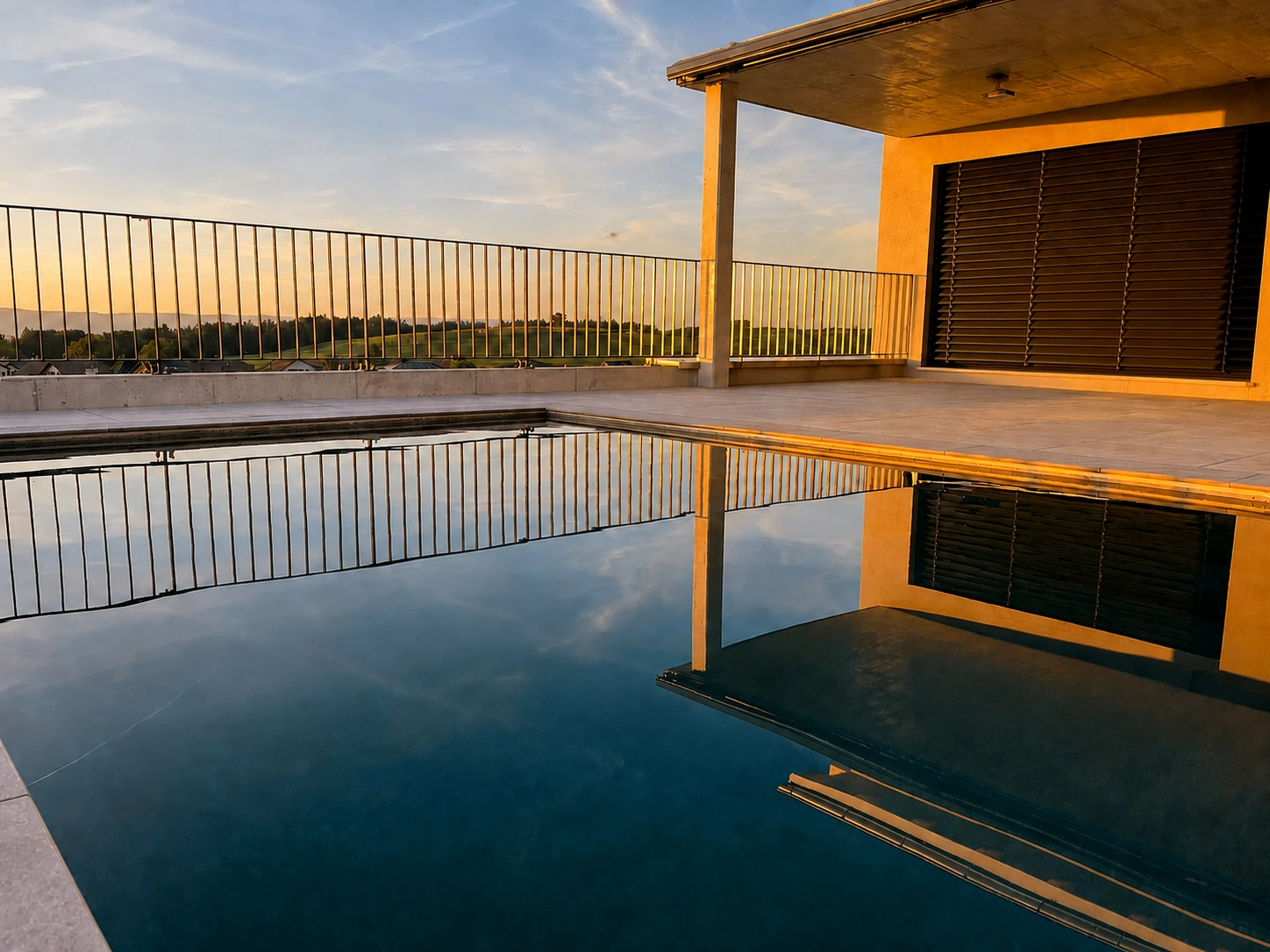 Poolanlage bei Sonnenuntergang von Pool Service Stritt